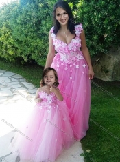 Beautiful Deep V Neckline Prom Dress with Appliques and Hot Sale Rose Pink Little Girl Dress with See Through Scoop