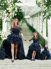 Fashionable High Low Navy Blue Prom Dress with Bateau and Gorgeous See Through 3/4 Length Sleeves Little Girl Dress with Scoop and New Style High Low Tobbler Dress with Long Sleeves