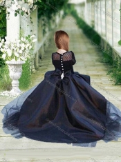 Romantic See Through Long Sleeves Little Girl Dress in Navy Blue