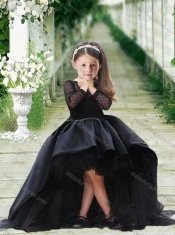 Romantic See Through Long Sleeves Little Girl Dress in Navy Blue
