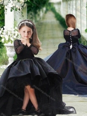 Romantic See Through Long Sleeves Little Girl Dress in Navy Blue