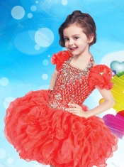 Inexpensive Halter Top Short Adorable Little Girl Pageant Dress with Beading and Ruffles
