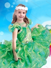 Wonderful Scoop Green Little Girl Pageant Dress with Beading and Ruffles