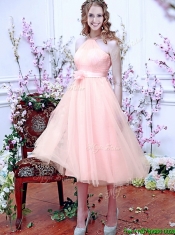 Beautiful Halter Top Baby Pink Dama Dresses with Hand Made Flowers