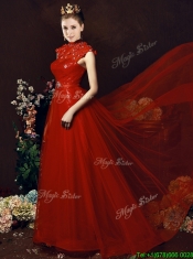 Beautiful High Neck Open Back Beaded Dama Dresses with Brush Train