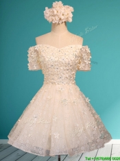 Beautiful White Off the Shoulder Short Sleeves Prom Dresses with Appliques and Beading