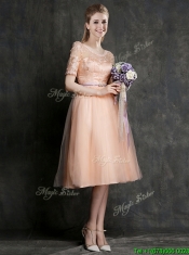 Best Selling Sashed Peach Dama Dresses in Knee Length