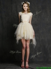 Best V Neck Cap Sleeves Short Dama Dresses with Belt and Appliques