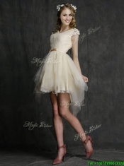 Best V Neck Cap Sleeves Short Dama Dresses with Belt and Appliques