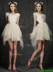 Best V Neck Cap Sleeves Short Dama Dresses with Belt and Appliques