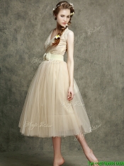 Cheap Champagne V Neck Dama Dresses with Belt and Bowknot