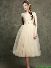 Cheap Champagne V Neck Dama Dresses with Belt and Bowknot