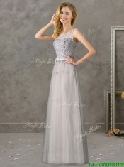 Cheap See Through Scoop Grey Long Dama Dresses with Appliques