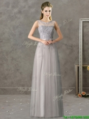 Cheap See Through Scoop Grey Long Dama Dresses with Appliques