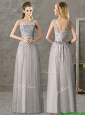 Cheap See Through Scoop Grey Long Dama Dresses with Appliques