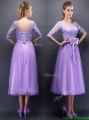 Cheap See Through Scoop Half Sleeves Prom Dresses with Bowknot