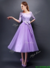 Cheap See Through Scoop Half Sleeves Prom Dresses with Bowknot
