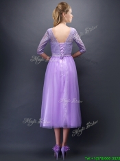Cheap See Through Scoop Half Sleeves Prom Dresses with Bowknot