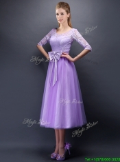 Cheap See Through Scoop Half Sleeves Prom Dresses with Bowknot