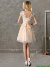 Classical Bateau Cap Sleeves Lace Dama Dresses in Champagne