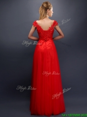 Classical Beaded V Neck Red Prom Dresses with Cap Sleeves