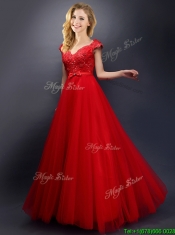 Classical Beaded V Neck Red Prom Dresses with Cap Sleeves