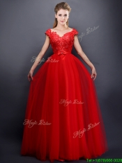 Classical Beaded V Neck Red Prom Dresses with Cap Sleeves