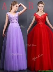 Classical Beaded V Neck Red Prom Dresses with Cap Sleeves