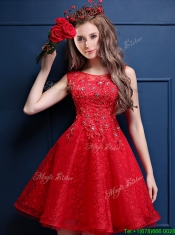 Classical Scoop Red Prom Dresses with Appliques and Beading