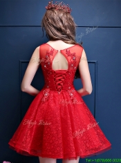 Classical Scoop Red Prom Dresses with Appliques and Beading