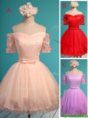 Comfortable Off the Shoulder Short Sleeves Red Dama Dresses with Appliques and Belt