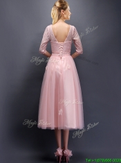 Comfortable Scoop Half Sleeves Prom Dresses with Hand Made Flowers and Appliques