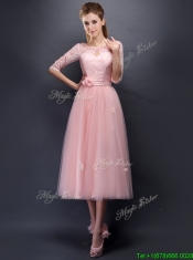 Comfortable Scoop Half Sleeves Prom Dresses with Hand Made Flowers and Appliques