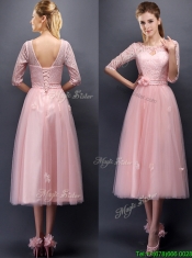 Comfortable Scoop Half Sleeves Prom Dresses with Hand Made Flowers and Appliques
