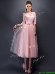 Comfortable Scoop Half Sleeves Prom Dresses with Hand Made Flowers and Appliques
