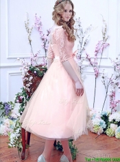 Comfortable Square Half Sleeves Bowknot Prom Dresses in Baby Pink