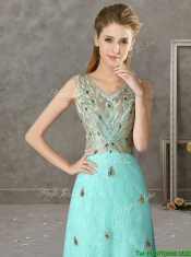 Discount Beaded and Applique V Neck Dama Dresses in Apple Green