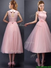 Discount Hand Made Flowers and Laced High Neck Dama Dresses in Baby Pink