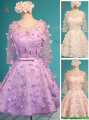 Discount Scoop Half Sleeves Champagne Prom Dresses with Appliques and Belt