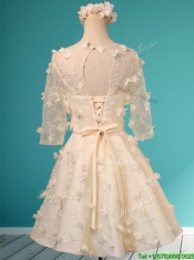 Discount Scoop Half Sleeves Champagne Prom Dresses with Appliques and Belt