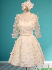 Discount Scoop Half Sleeves Champagne Prom Dresses with Appliques and Belt