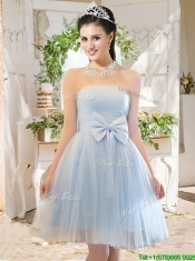 Elegant A Line Strapless Bowknot Short Dama Dresses in Light Blue