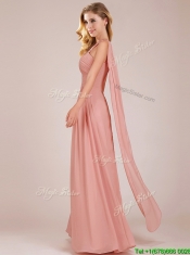 Elegant Empire One Shoulder Ruched Peach Long Prom Dresses