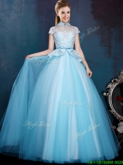 Elegant High Neck Cap Sleeves Dama Dresses with Bowknot and Lace