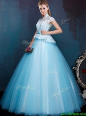 Elegant High Neck Cap Sleeves Dama Dresses with Bowknot and Lace