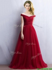 Elegant Off the Shoulder Cap Sleeves Prom Dresses in Wine Red
