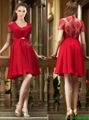 Elegant See Through Back Red Short Prom Dresses with Short Sleeves