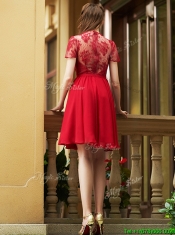 Elegant See Through Back Red Short Prom Dresses with Short Sleeves