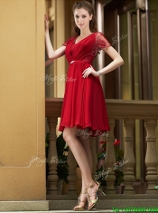 Elegant See Through Back Red Short Prom Dresses with Short Sleeves