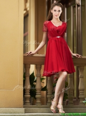 Elegant See Through Back Red Short Prom Dresses with Short Sleeves